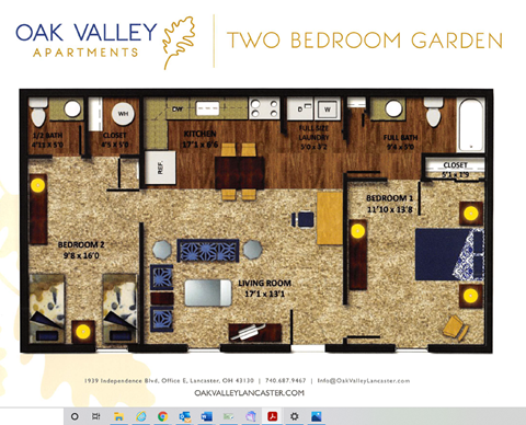 Floor plan for 2 beds, 1.5 baths